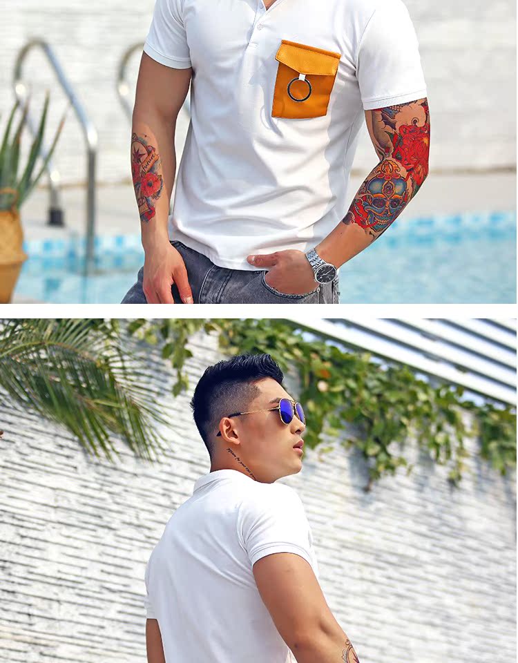 Mùa hè 2018 mới màu tương phản túi hoop áo polo ngắn tay nam Slim cotton co giãn POLO thể dục nam shop bán áo thun nam có cổ
