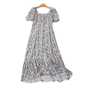 ເສື້ອຍືດແຂນສີ່ຫຼ່ຽມຝຣັ່ງ floral dress summer new lantern sleeve slimming long a-line versatile women's skirt 13312