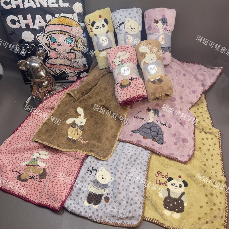 【Jinmu Liangpin】Cute Cartoon Coral Fleece Towel, Lint-Free and Absorbent Towel