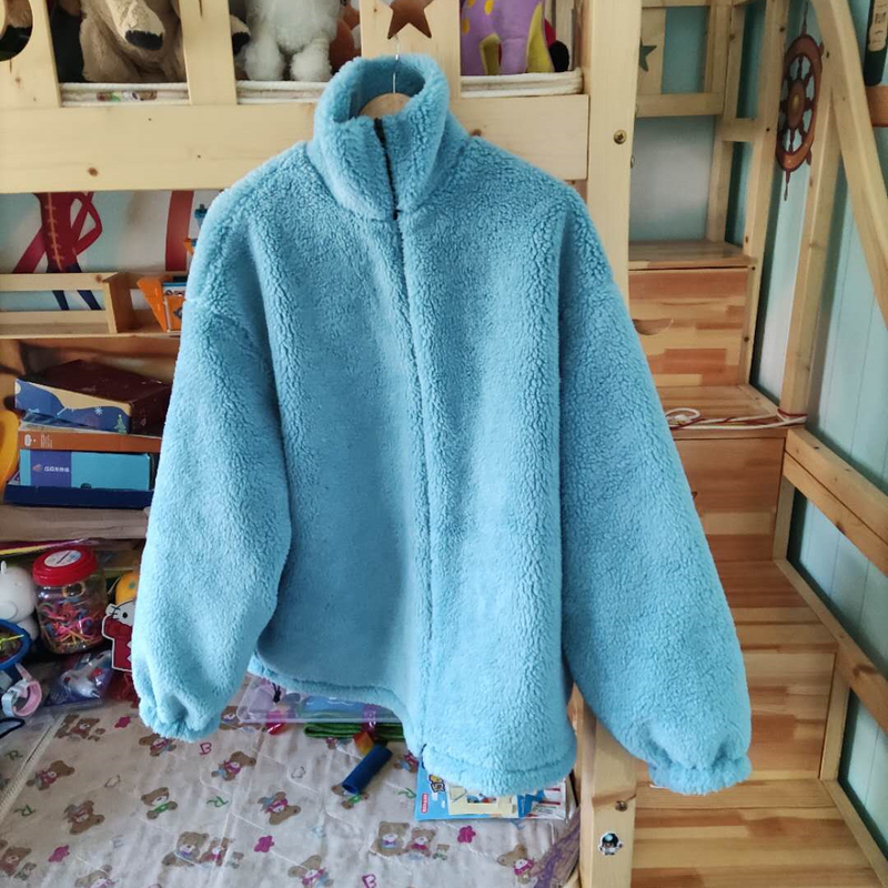 Blue Lamb Wool Zip-Up Jacket 2025 Winter Stand-Up Collar Furry Bf Style Loose Silhouette Teddy Plush Cotton Coat for Women