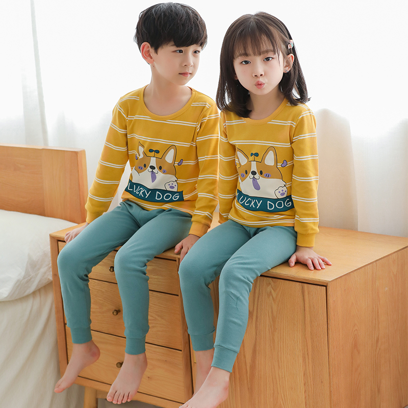 Xuân Thu childrens mùa thu quần áo bộ đồ ngủ cotton bé trai childrens quần áo ấm lót bông quần cô gái mùa thu.