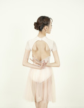 (spot) Korean ilaire hollowed-out high collar short sleeve ballet body suit with inserted chest cushion short skirt