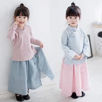 Girls  Hanfu ethnic style plate buckle top classical skirt two-piece suit Baby cotton and linen suit 2020 spring new style