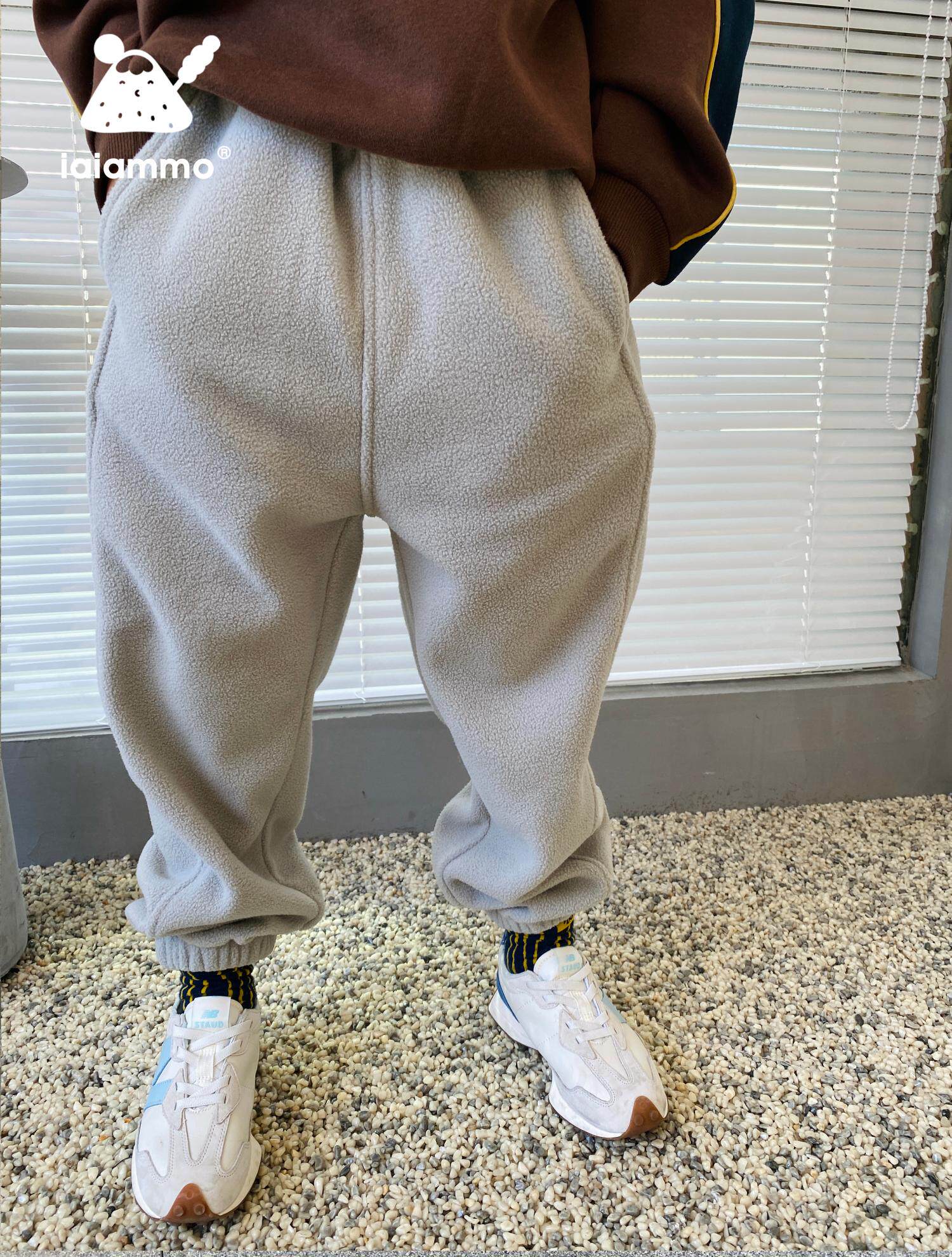 iaiammo original design 21 autumn and winter warm fleece Western style drawstring pants children's neutral casual trousers