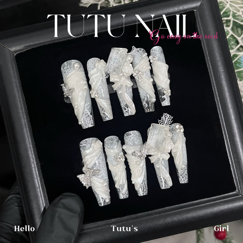 【Moonlight Ballet】Tutu Nail Handmade Wearable Nail Art Heavy Craft Lace Silk Satin Beads Bridal Wedding Nail Art 【Moonlight Ballet】Tutu Nail Handmade Wearable Nail Art Heavy Craft Lace Silk Satin Beads Bridal Wedding Nail Art