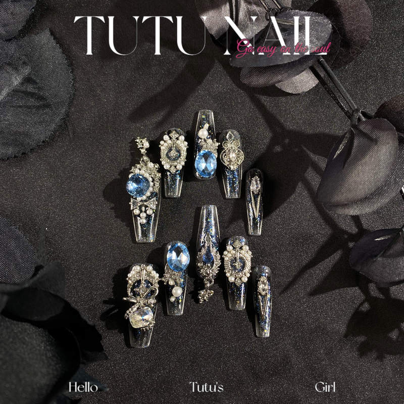 【Ku Luo Brand Snow】Tutu Nail Handmade Wearable Detachable Nail Art Heavy Craft Luxury Long T-Shaped Black and Blue Nails from Miaojiang 【Ku Luo Brand Snow】Tutu Nail Handmade Wearable Detachable Nail Art Heavy Craft Luxury Long T-Shaped Black and Blue Nails from Miaojiang