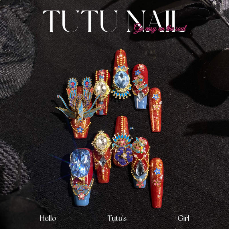 【Ten Miles of Red Dress】Tutu Nail Handmade Wearable Detachable Nail Art Chinese Style Long t Xiuhe Wedding Nails