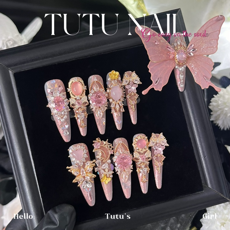 【Golden Beauty】Tutu Nail Handmade Wearable Nails Gold Powder Princess Filigree Butterfly Wedding Whitening Heavy Craft