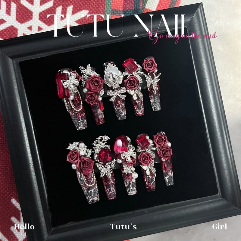 【Flaming Rose】Tutu Nail Handmade Wearable Nail Art Heavy Craft Wedding Nails Red Carved Glass Gradient 【Flaming Rose】Tutu Nail Handmade Wearable Nail Art Heavy Craft Wedding Nails Red Carved Glass Gradient
