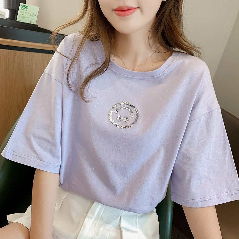 LavenderShort sleeve T-shirt female easy 2021 Spring and summer new pattern Women's wear Sequins Polychromatic smiling face Simple and versatile Half sleeve jacket female