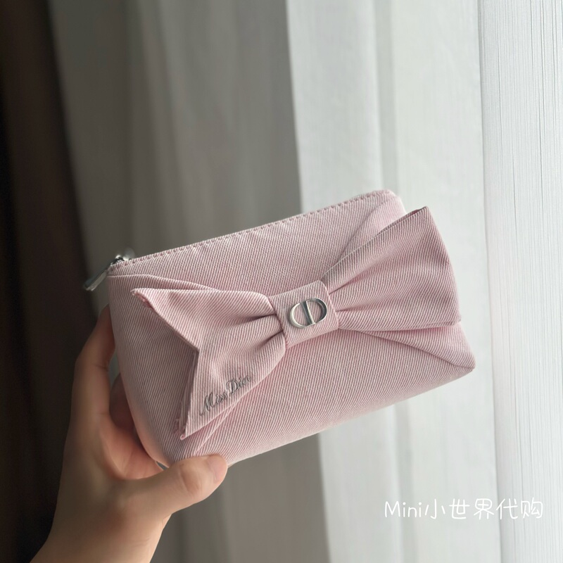 Dior Exclusive Qixi Limited Edition Pink Bow Makeup Bag, Denim Style, Clutch Bag, Storage Bag
