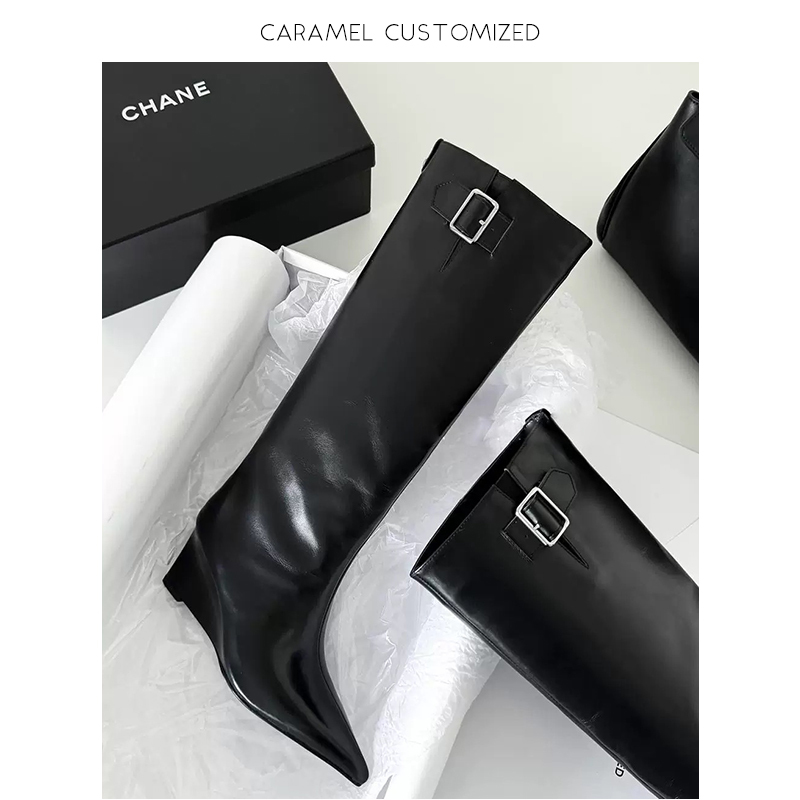 Caramel - Minimalist Versatile Pointed-Toe Genuine Leather High-Heeled Riding Boots Straight High-Heeled Wedge Long Boots for Women (7cm) Caramel - Minimalist Versatile Pointed-Toe Genuine Leather High-Heeled Riding Boots Straight High-Heeled Wedge Long Boots for Women (7cm)