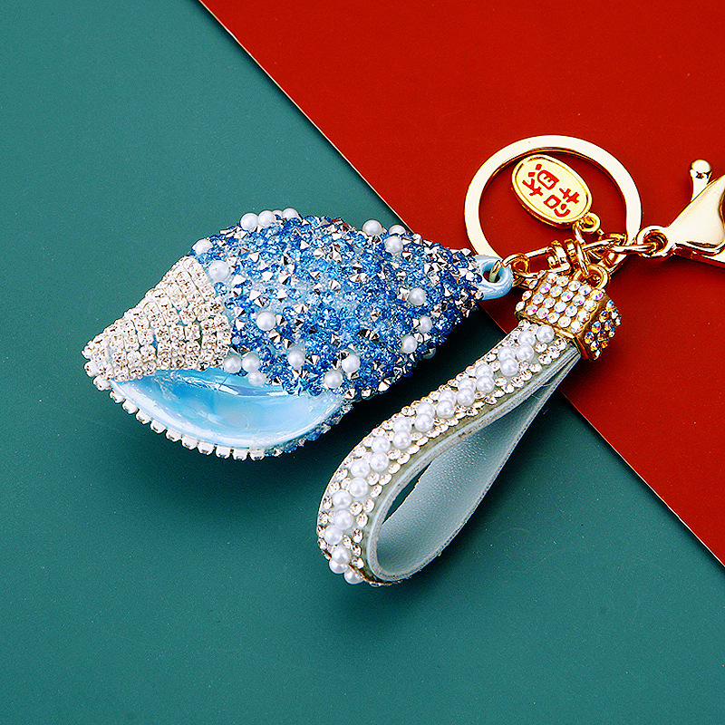 Diamond-Encrusted Shell Pearl Conch Car Keychain Metal Men's and Women's Bag Pendant Key Chain Ring Full of Diamonds Pendant Gift