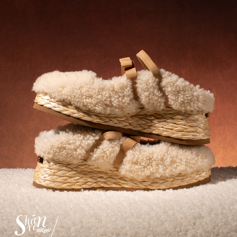 Zhao Lusi & Xu Yan Style Shanren Thick-Soled Closed-Toe Slippers for Women, Suitable for Outdoor Wear, with Lamb Wool Lining and Height-Increasing Fur Shoes for Women