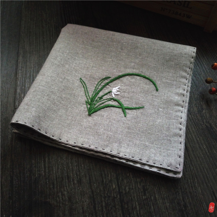 "Orchid" hand-embroidered antique cotton hemp orchid handkerchief silk for boyfriend valentine's day gift can be diy