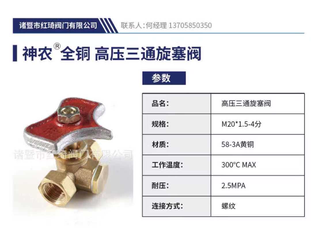 Shennong boiler accessories pressure gauge all copper high pressure three-way meter valve plug valve 4 minutes M20X1.5 factory direct sales