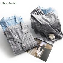 Autumn and winter mens cotton polished flannel pajamas Japanese simple Plaid soft long sleeve trousers home suit suit