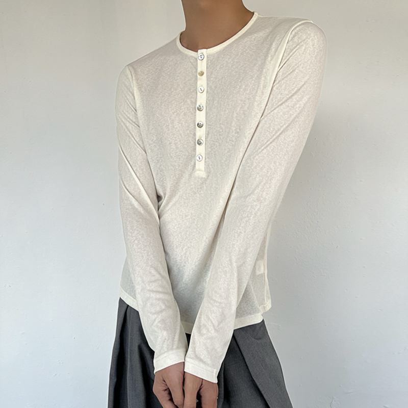 Chein/25 Spring/Summer New Shell Button Henry Collar Knitted Long Sleeve T-Shirt Lazy Tencel Thin Base Shirt