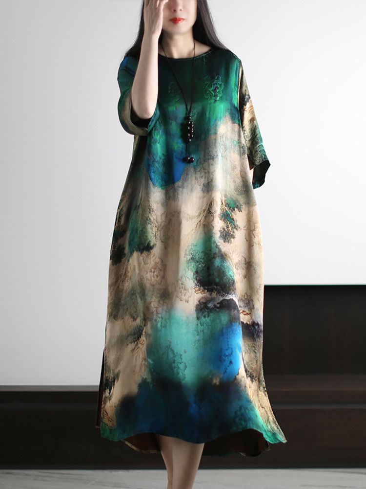 Womens Retro Loose Fit Printed Maxi Robe Silk Dress Jacquard Long Crew Neck  Gown | eBay