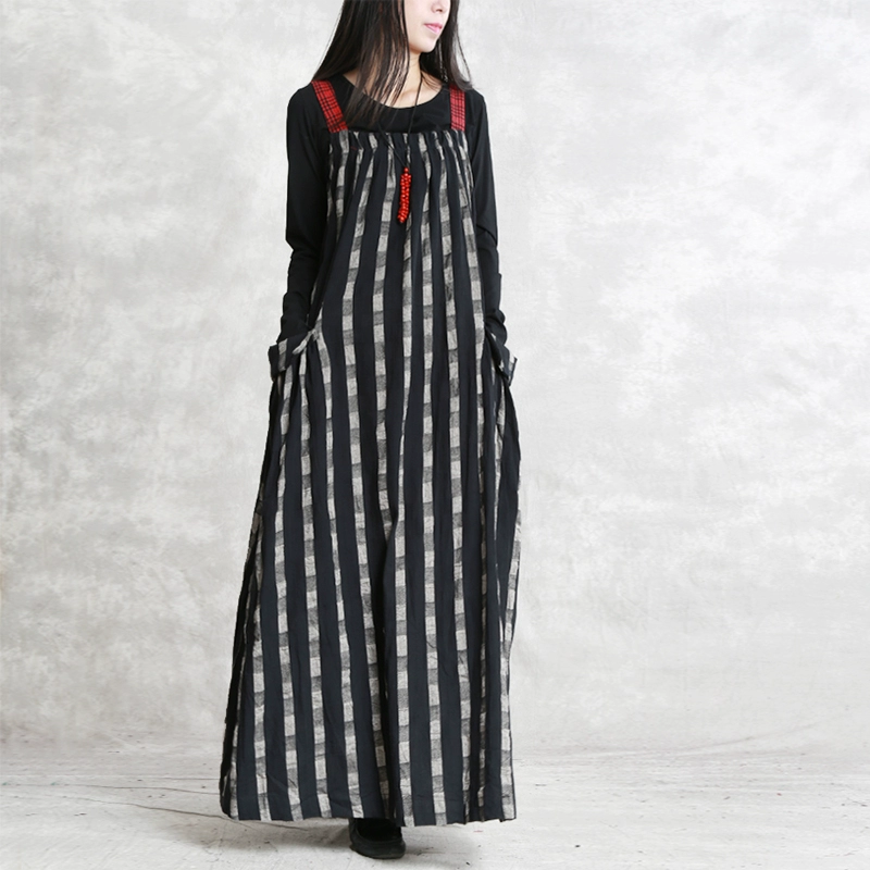 Váy phụ nữ gốc Tây Phong, phong cách mùa xuân, mặc nhiều hơn váy cotton và vải lanh của Pháp, váy treo văn học kẻ sọc cỡ lớn xếp ly, kiểu chữ A - A-Line Váy