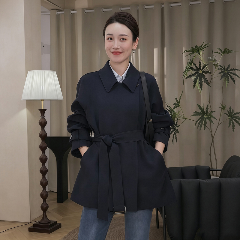 Mishu Petite Short Trench Coat Women's Spring and Autumn High-End Elegant Waist-Cinching Navy Blue Casual Commuter Top Mishu Petite Short Trench Coat Women's Spring and Autumn High-End Elegant Waist-Cinching Navy Blue Casual Commuter Top