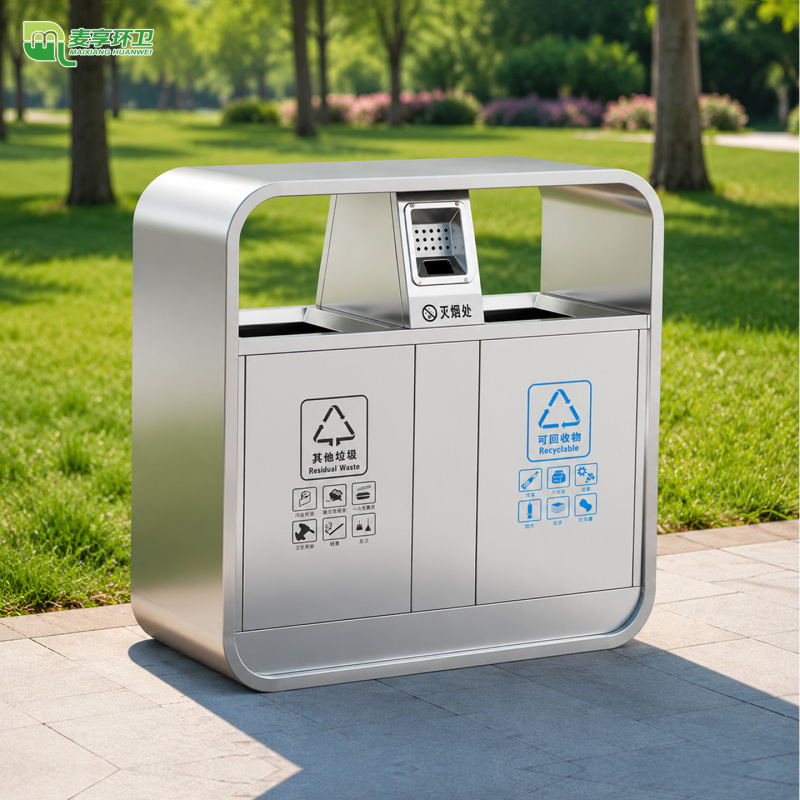 Outdoor Trash Cans, Stainless Steel Sanitation Classification Bins for Parks, Communities, Scenic Areas, and Streets, Large Capacity Commercial Waste Bins