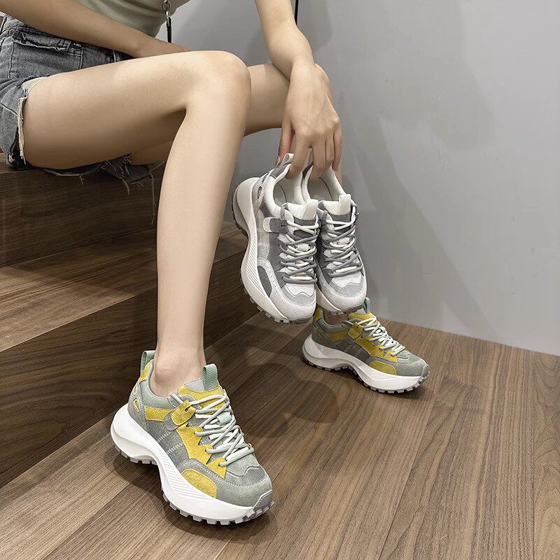 (USA) Goofy Sport genuine leather Old daddy shoes women's spring summer net face breathable thick bottom casual sneakers-Taobao