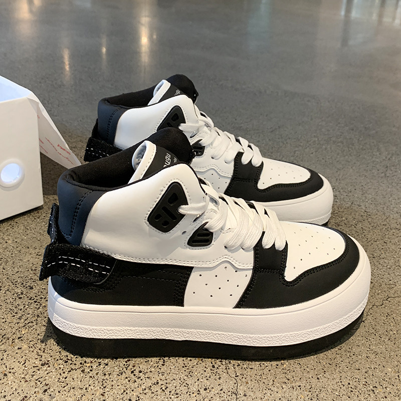 Goofy Sport ㊣ niche design aj black and white panda high tube shoes 5CM old shoes women's leisure sports