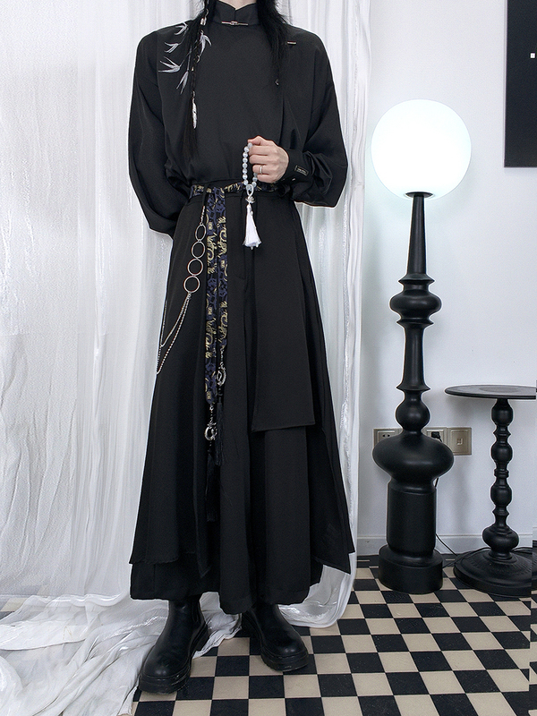 New Chinese Style Wide-Leg Pants Unisex Brocade Ribbon Metal Belt Skirt Pants Casual Pants