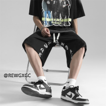 Summer three-bar shorts mens Sanskrit alphabet printing straight large size five-point pants men