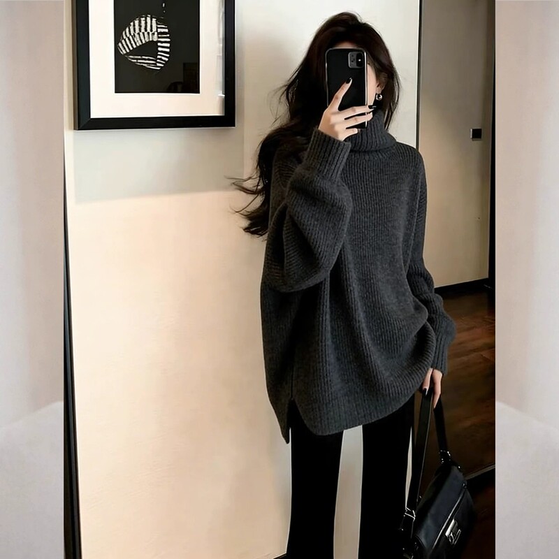 Plus-Size Lazy Style Turtleneck Knit Sweater, Dark Gray Loose Mid-Length Thickened Top, Base Layer Dress