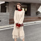 Plus size women's dress 2022 autumn and winter fat sister red over the knee knitted lace stitching bottoming sweater women