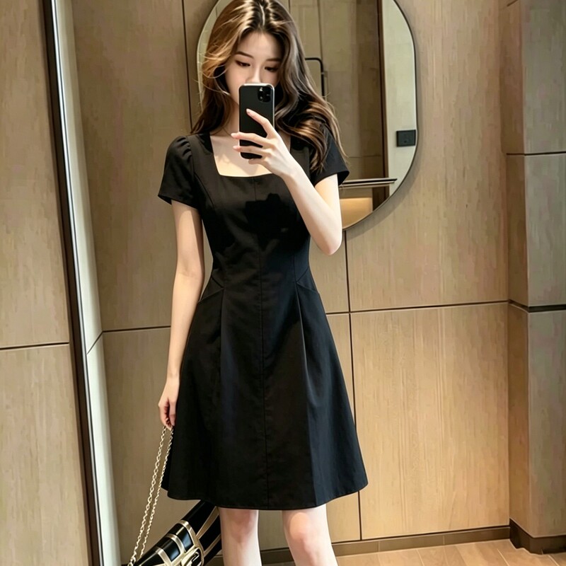 Plus-Size Commuter Style Square-Neck Short-Sleeve Dress for Women, Black A-Line Dress, Waist-Cinching, Slimming, Elegant and Sophisticated Shirt Dress Plus-Size Commuter Style Square-Neck Short-Sleeve Dress for Women, Black A-Line Dress, Waist-Cinching, Slimming, Elegant and Sophisticated Shirt Dress