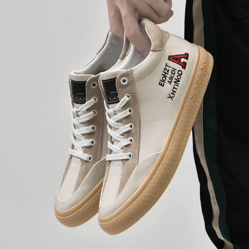 Tide brand white shoes men's leather wild Korean version anti-foot odor first layer cowhide men's medium and high barrel four seasons casual shoes