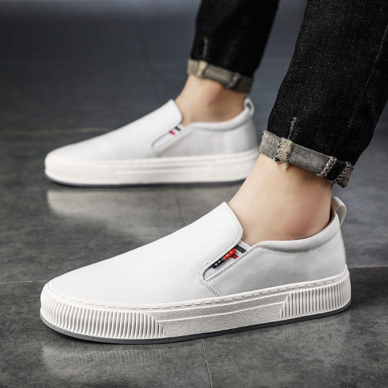 Tide brand white shoes men's first layer cowhide breathable simple set foot pedicure all-match driving casual leather low-top skateboard shoes