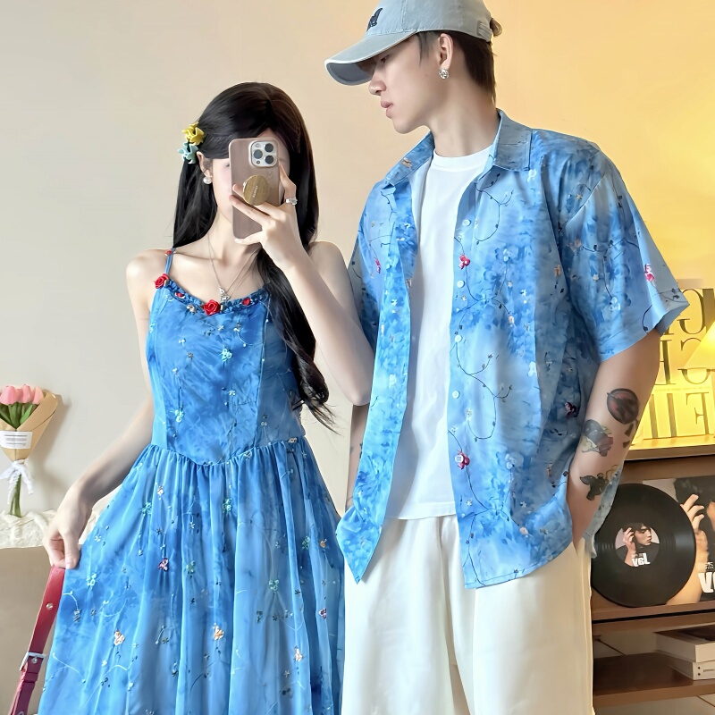 Dopamine Couple Outfit, One Skirt and One Shirt, High-End Style, Seaside Beach Vacation Travel Style, Spaghetti Strap Long Dress, 2026 New Model