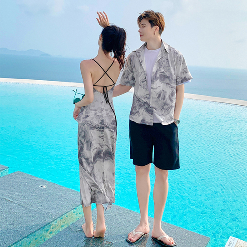 Beach Couple Outfits, Summer Beach Suits, One Skirt and One Shirt, Hainan Sanya Travel Vacation, Spaghetti Strap Backless Dress Beach Couple Outfits, Summer Beach Suits, One Skirt and One Shirt, Hainan Sanya Travel Vacation, Spaghetti Strap Backless Dress