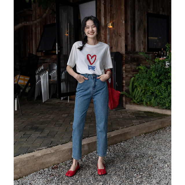 MiDing Retro Blue High Waist Jeans Women's Spring Clothes 2024 New Slim Straight Pants Small People Nine-Point Pants