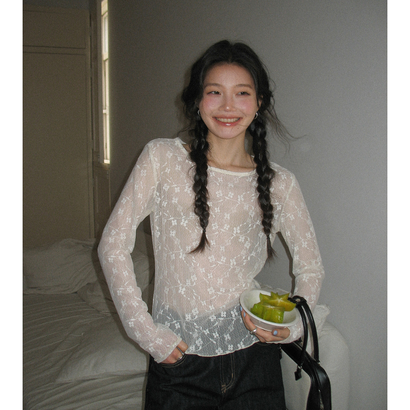 Miding White Transparent Mesh Lace Inner Layering Shirt for Women, Suitable for Summer and Autumn, Thin Gauze Korean-Style Cover-Up Long-Sleeve Top