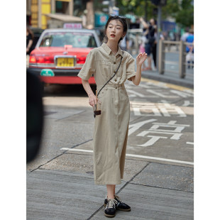 Miding 作業服スタイルドレスデニムスカートシャツスカート女性の夏のロングスカートフランス通勤ロングポロラペルスカート