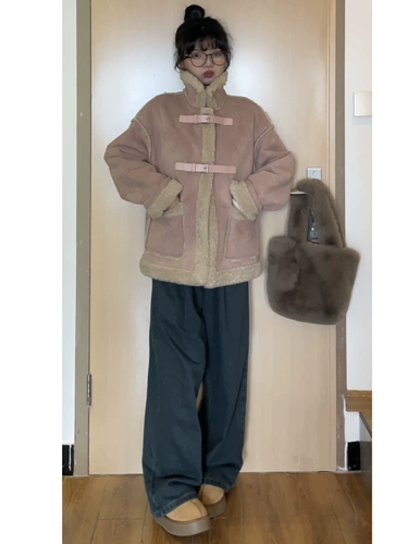 Средне-розовое шерстяное женское цельное шерстяное пальто ранней осени из грубой шерсти, маленький короткий стиль