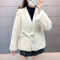 Mink fur coat womens imported mink fur coat leather belt slimming mid-length v-neck Haining high-end foreign style