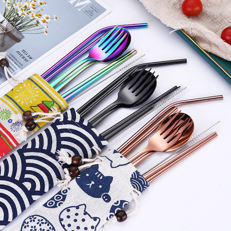 Korean 304 stainless steel fork spoon chopsticks 7-piece set Outdoor portable straw spoon Chopsticks Net red tableware Christmas gift spoon