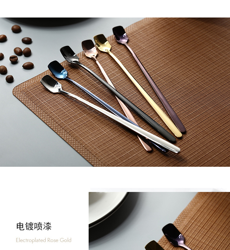 Thép không gỉ 304 đầu vuông muỗng dài tay cầm muỗng trà đá Hàn Quốc cà phê sáng tạo khuấy thìa net món tráng miệng màu đỏ hoa anh đào - Cà phê bình pha cà phê moka