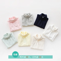 Áo thun nữ dáng lửng nữ mùa thu 2018 cotton hoang dã dài tay ren áo sơ mi màu bé gái cổ cao áo thun trẻ em giá rẻ