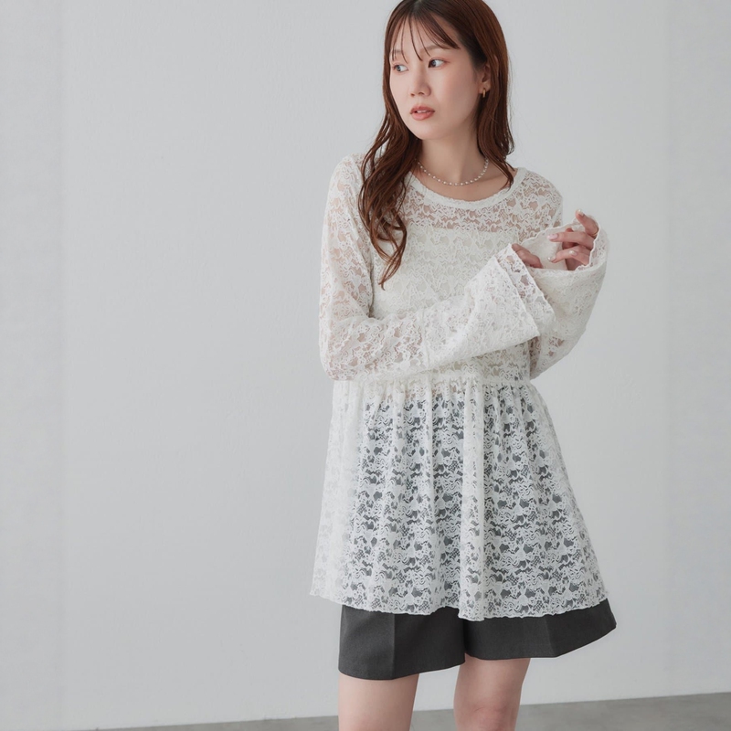 Autumn and Winter Japanese Style Dc Round Neck See-Through Delicate Lace Jacquard Dotted Mesh Double-Layer Flared Long-Sleeve Layered Lace Top Autumn and Winter Japanese Style Dc Round Neck See-Through Delicate Lace Jacquard Dotted Mesh Double-Layer Flared Long-Sleeve Layered Lace Top