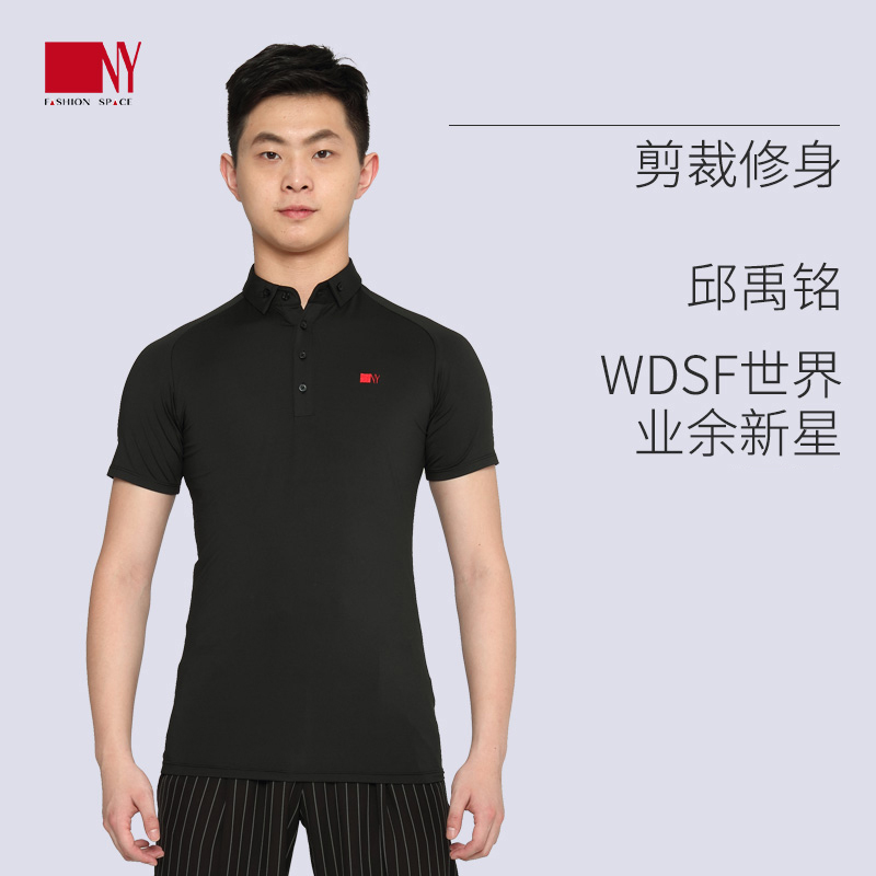 Na Yi dance suit men's new 2019 raglan sleeve POLO shirt stand collar national standard dance modern dance practice dress short sleeve black