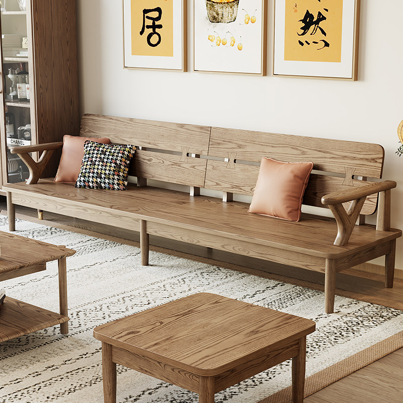 Solid wood sofa Small family Type modern minimalist Living room Winter summer Dual use white wax wood big board tech cloth New Chinese style sofa-Taobao