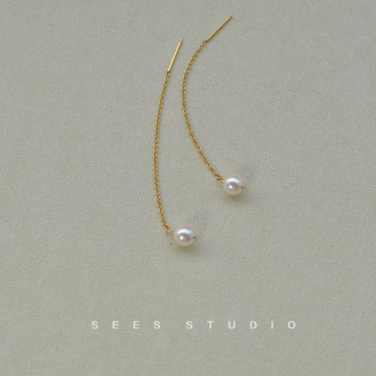 Natural freshwater pearl tassel earrings for women, cool style, simple long face-slimming earrings, 14k gold-filled