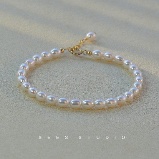 SEES natural freshwater millet grain real pearl bracelet for women, simple retro design, 14k gold-filled/hangable pendant
